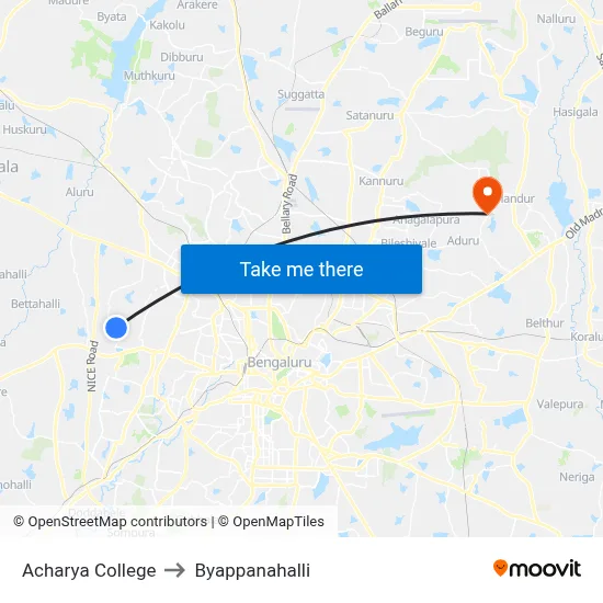 Acharya College to Byappanahalli map