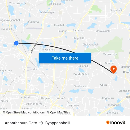 Ananthapura Gate to Byappanahalli map