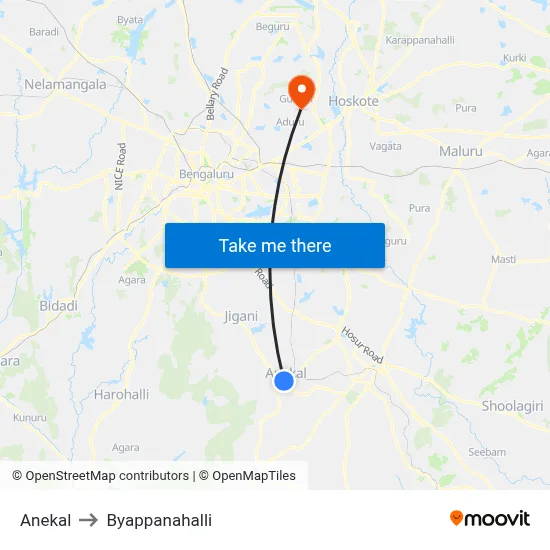 Anekal to Byappanahalli map
