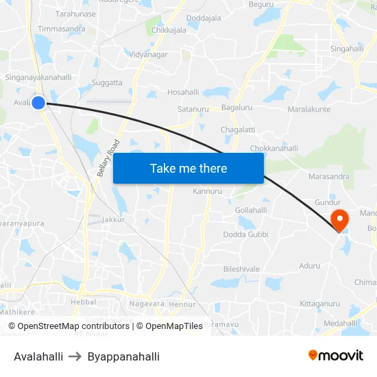 Avalahalli to Byappanahalli map