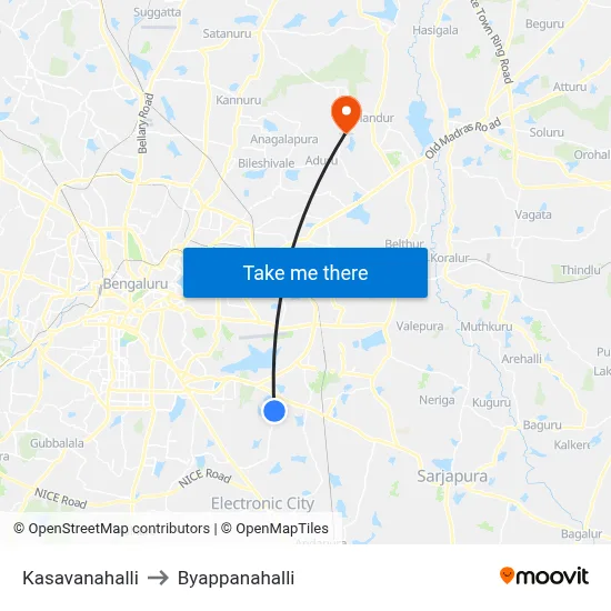Kasavanahalli to Byappanahalli map