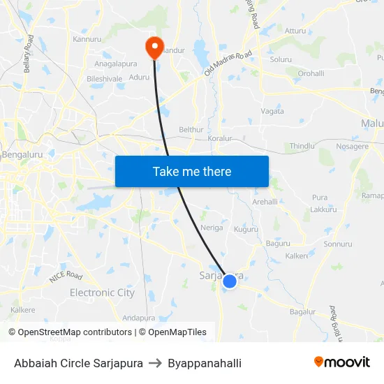 Abbaiah Circle Sarjapura to Byappanahalli map