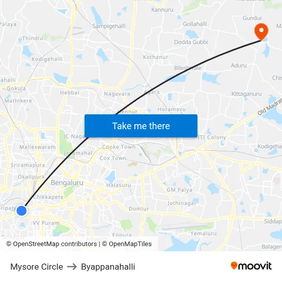 Mysore Circle to Byappanahalli map