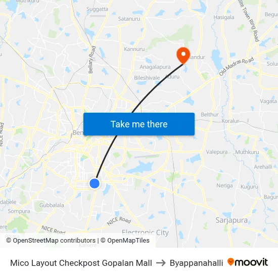 Mico Layout Checkpost Gopalan Mall to Byappanahalli map