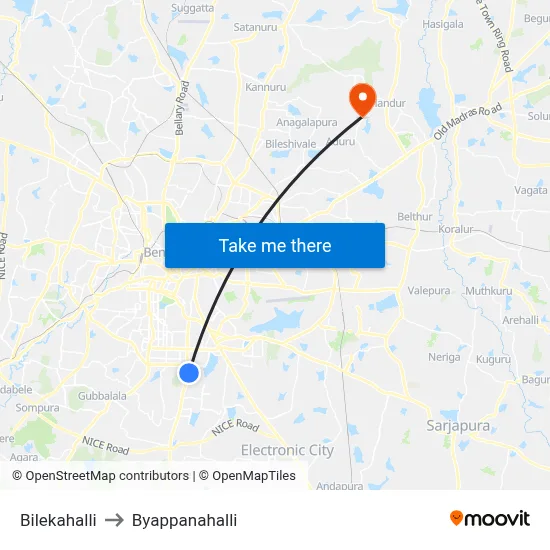 Bilekahalli to Byappanahalli map