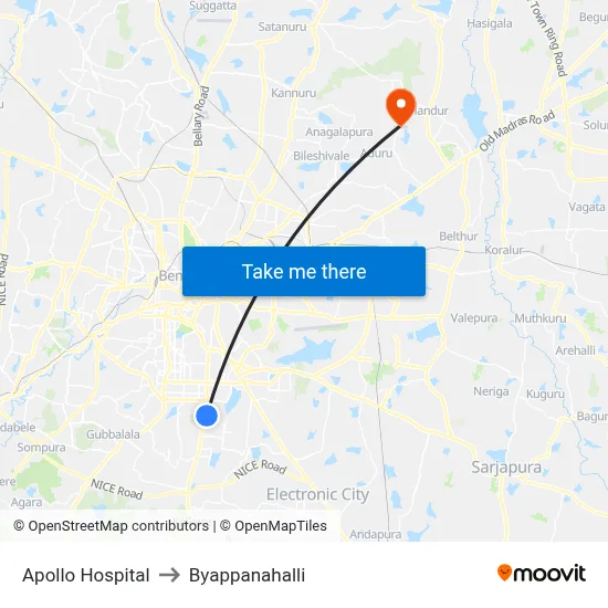 Apollo Hospital to Byappanahalli map