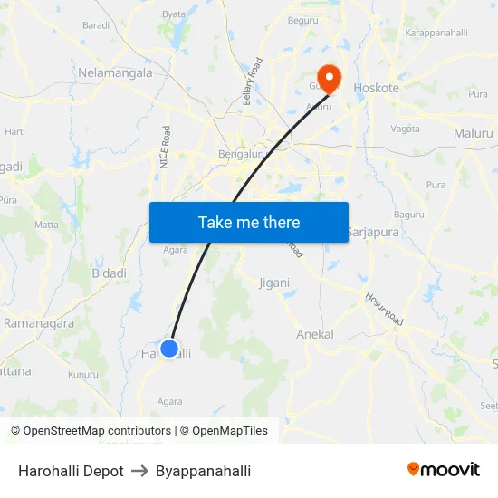 Harohalli Depot to Byappanahalli map