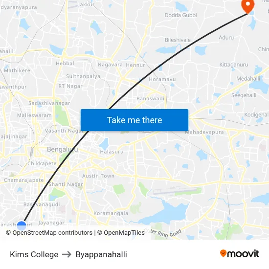 Kims College to Byappanahalli map