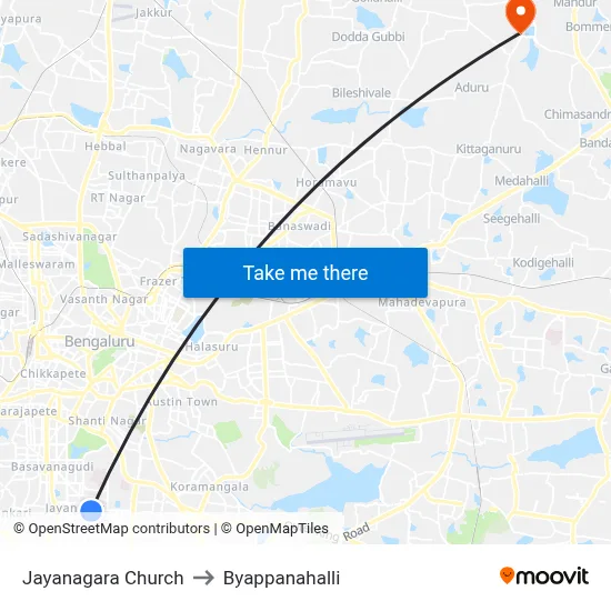 Jayanagara Church to Byappanahalli map