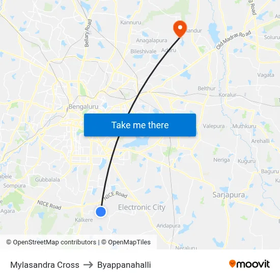 Mylasandra Cross to Byappanahalli map