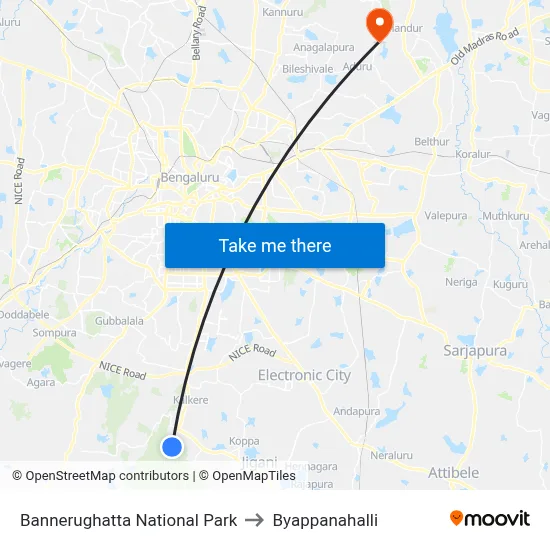 Bannerughatta National Park to Byappanahalli map