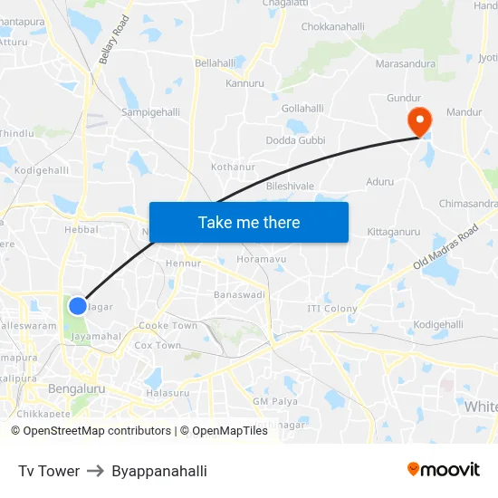Tv Tower to Byappanahalli map