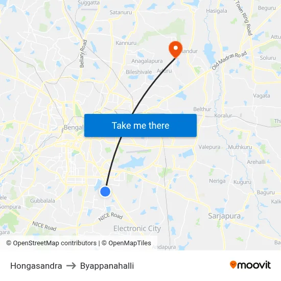 Hongasandra to Byappanahalli map