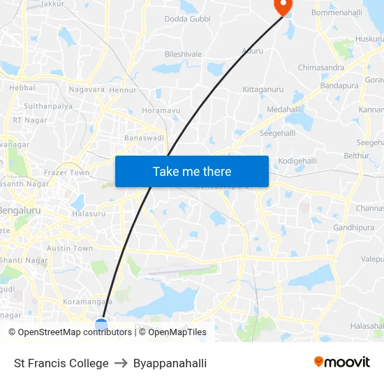 St Francis College to Byappanahalli map