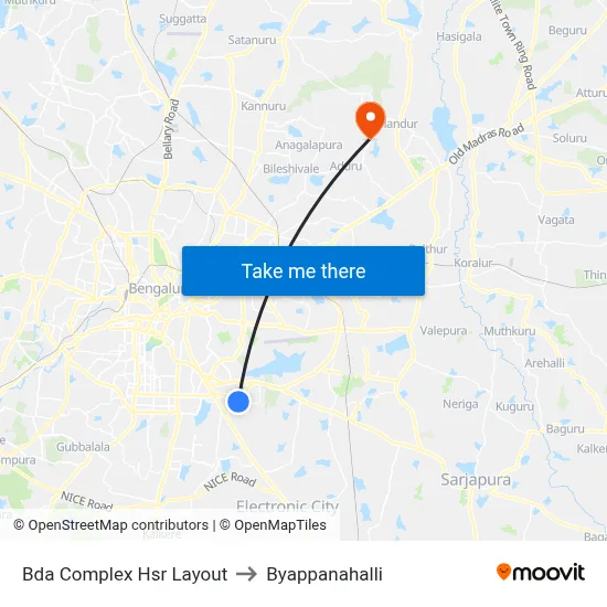 Bda Complex Hsr Layout to Byappanahalli map