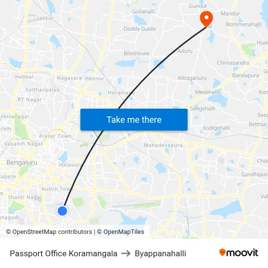 Passport Office Koramangala to Byappanahalli map