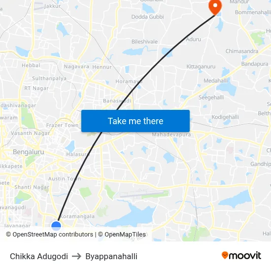 Chikka Adugodi to Byappanahalli map