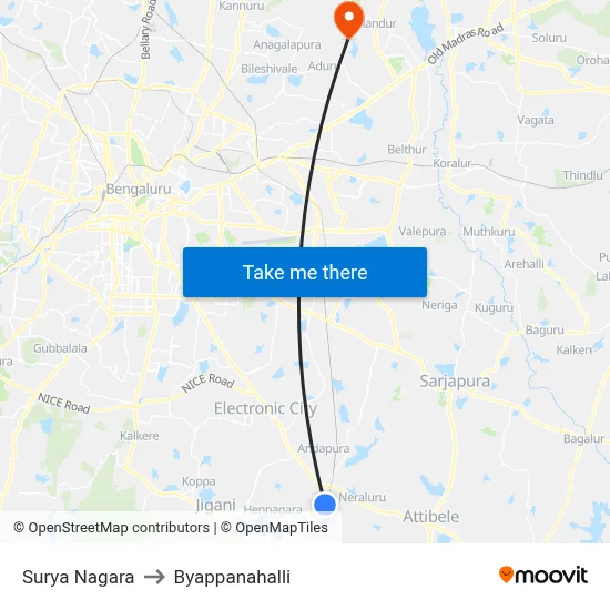 Surya Nagara to Byappanahalli map