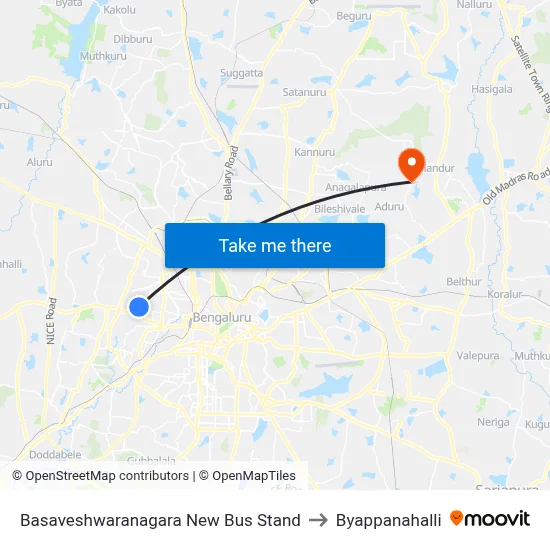 Basaveshwaranagara New Bus Stand to Byappanahalli map
