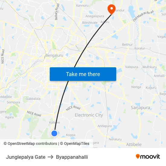 Junglepalya Gate to Byappanahalli map
