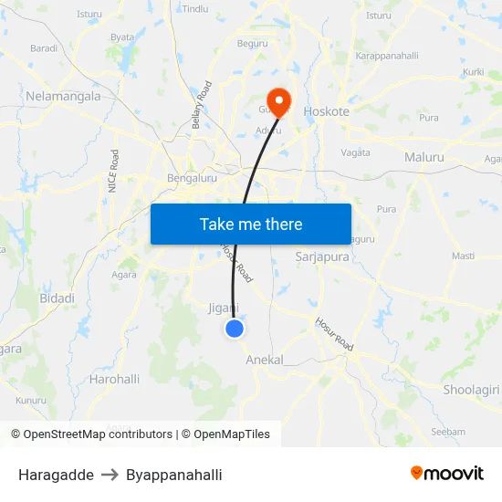 Haragadde to Byappanahalli map