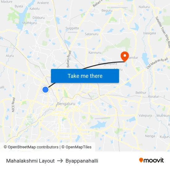 Mahalakshmi Layout to Byappanahalli map