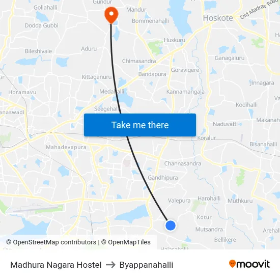 Madhura Nagara Hostel to Byappanahalli map