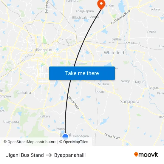 Jigani Bus Stand to Byappanahalli map