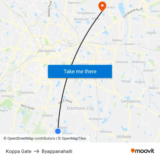 Koppa Gate to Byappanahalli map