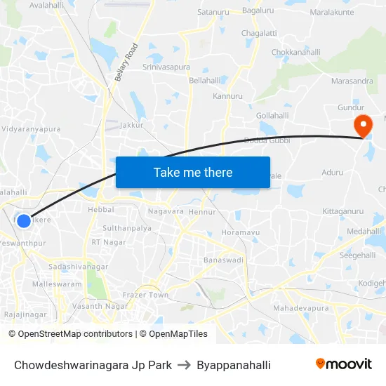 Chowdeshwarinagara Jp Park to Byappanahalli map
