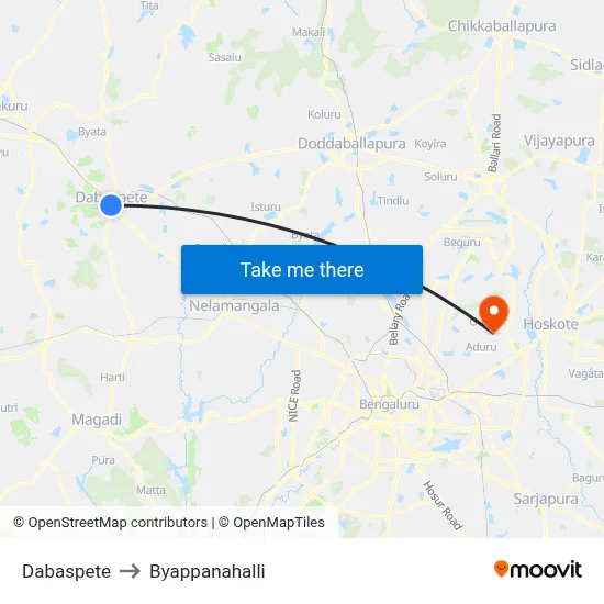 Dabaspete to Byappanahalli map