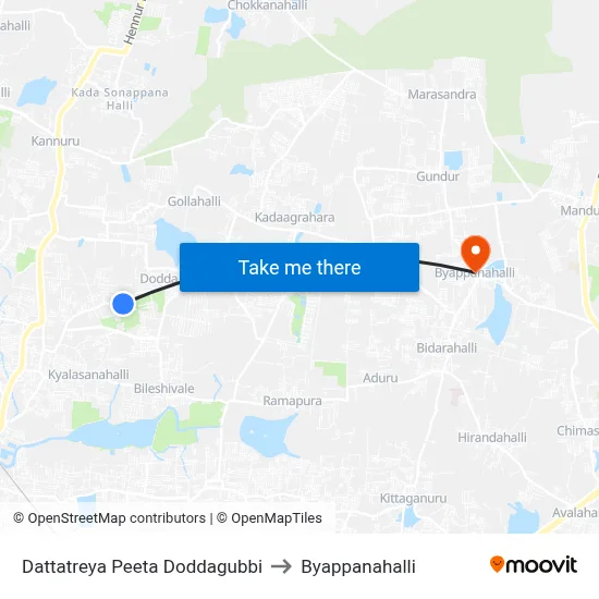 Dattatreya Peeta Doddagubbi to Byappanahalli map