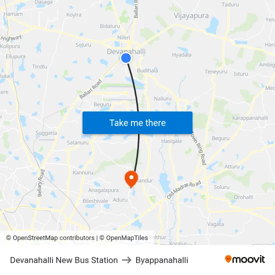 Devanahalli New Bus Station to Byappanahalli map
