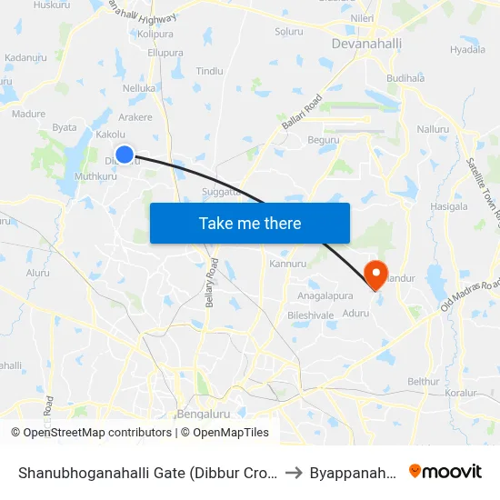 Shanubhoganahalli Gate (Dibbur Cross) to Byappanahalli map