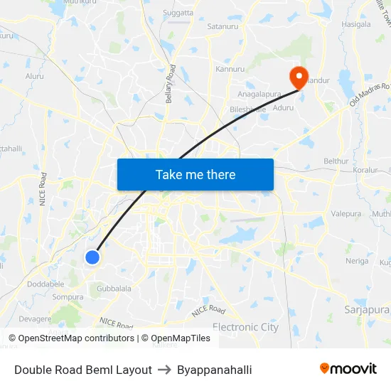 Double Road Beml Layout to Byappanahalli map