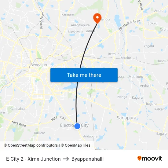 E-City 2 - Xime Junction to Byappanahalli map