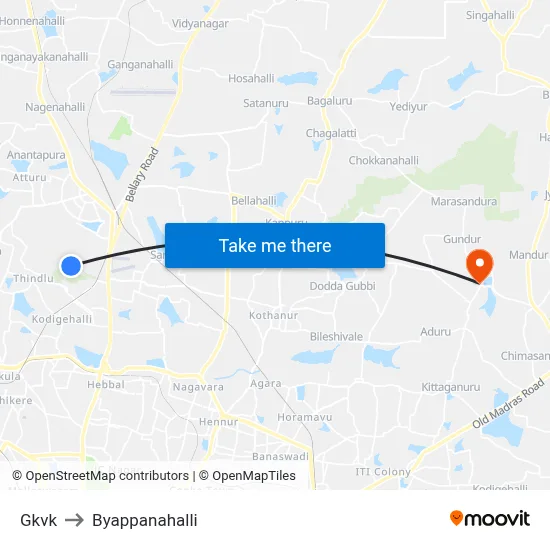 Gkvk to Byappanahalli map