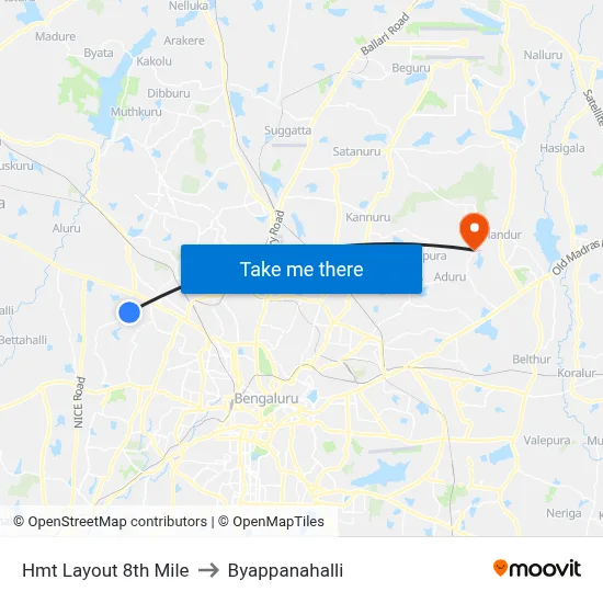 Hmt Layout 8th Mile to Byappanahalli map