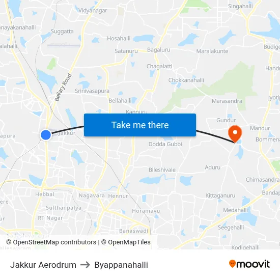 Jakkur Aerodrum to Byappanahalli map