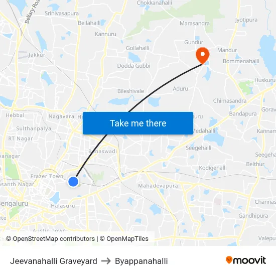 Jeevanahalli Graveyard to Byappanahalli map