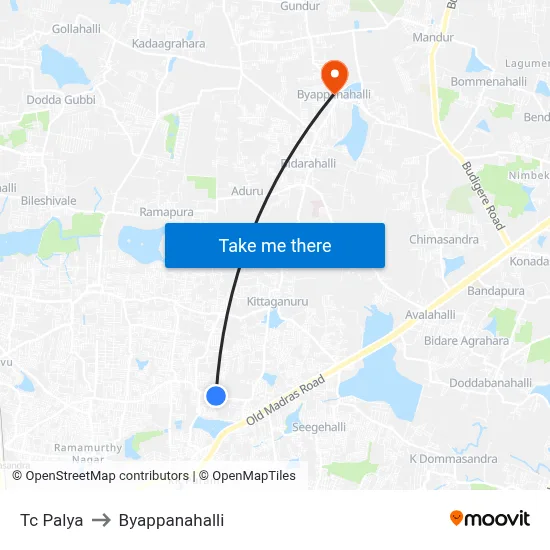 Tc Palya to Byappanahalli map