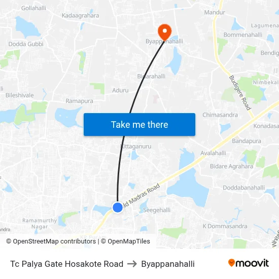 Tc Palya  Gate Hosakote Road to Byappanahalli map