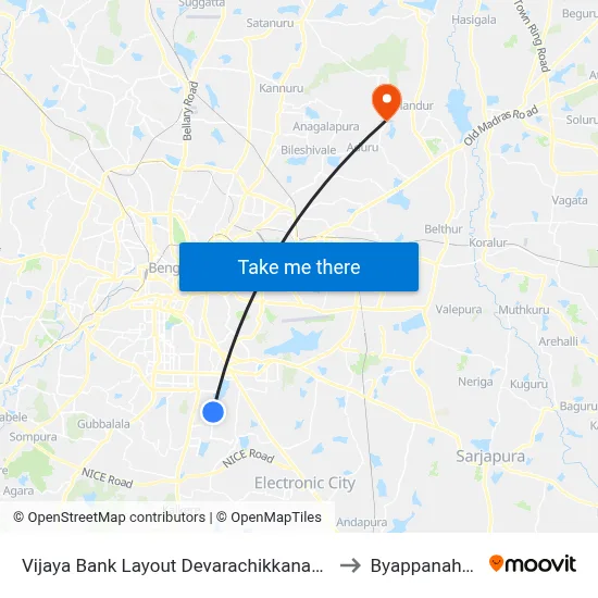 Vijaya Bank Layout Devarachikkanahalli to Byappanahalli map