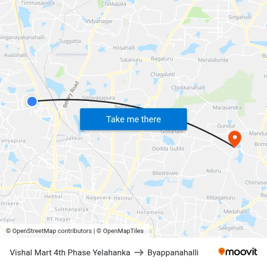Vishal Mart 4th Phase Yelahanka to Byappanahalli map
