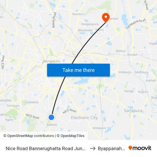 Nice Road Bannerughatta Road Junction to Byappanahalli map