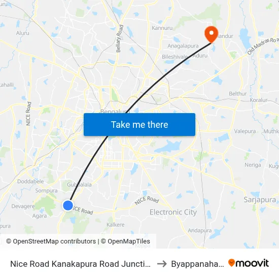 Nice Road Kanakapura Road Junction to Byappanahalli map
