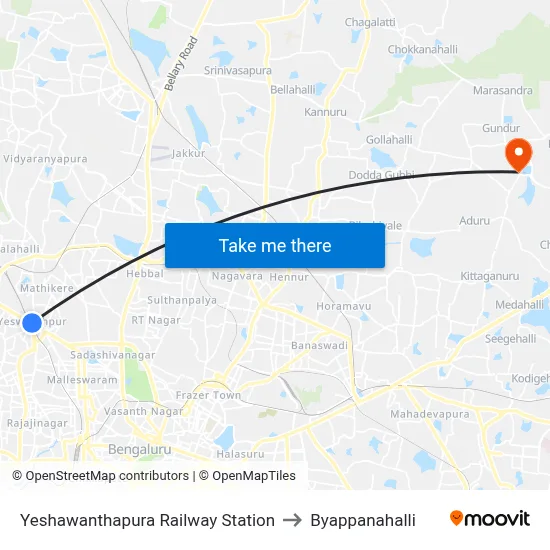 Yeshawanthapura Railway Station to Byappanahalli map