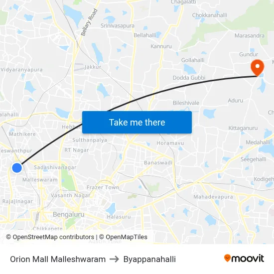 Orion Mall Malleshwaram to Byappanahalli map