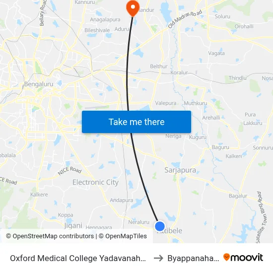 Oxford Medical College Yadavanahalli to Byappanahalli map