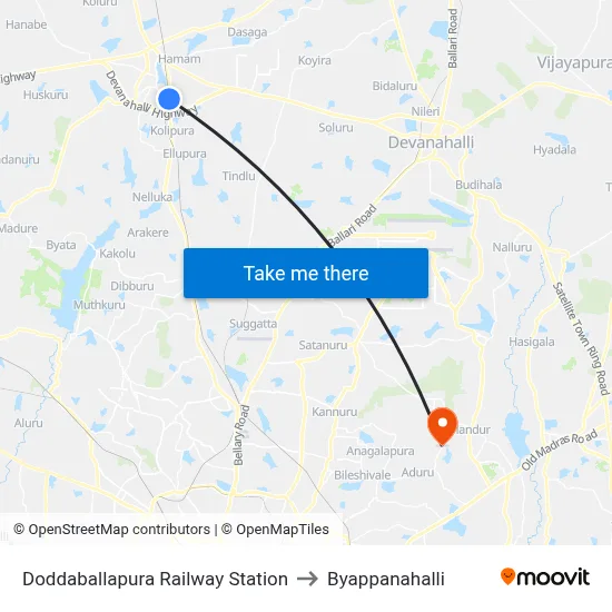 Doddaballapura Railway Station to Byappanahalli map